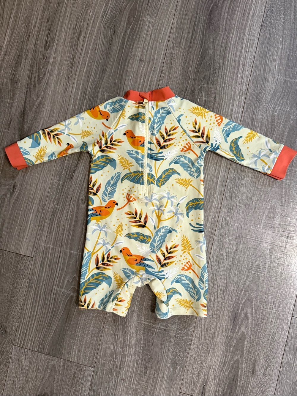 Bird Print Swim Romper with Coral Trim